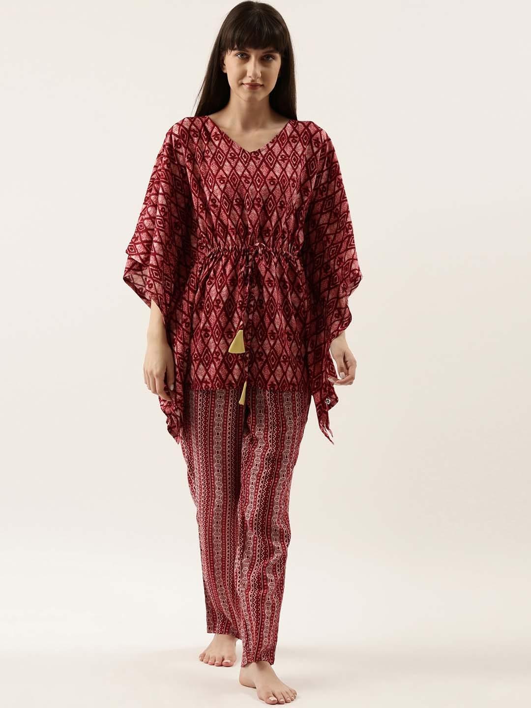 bannos swagger women red printed kaftan set night suit