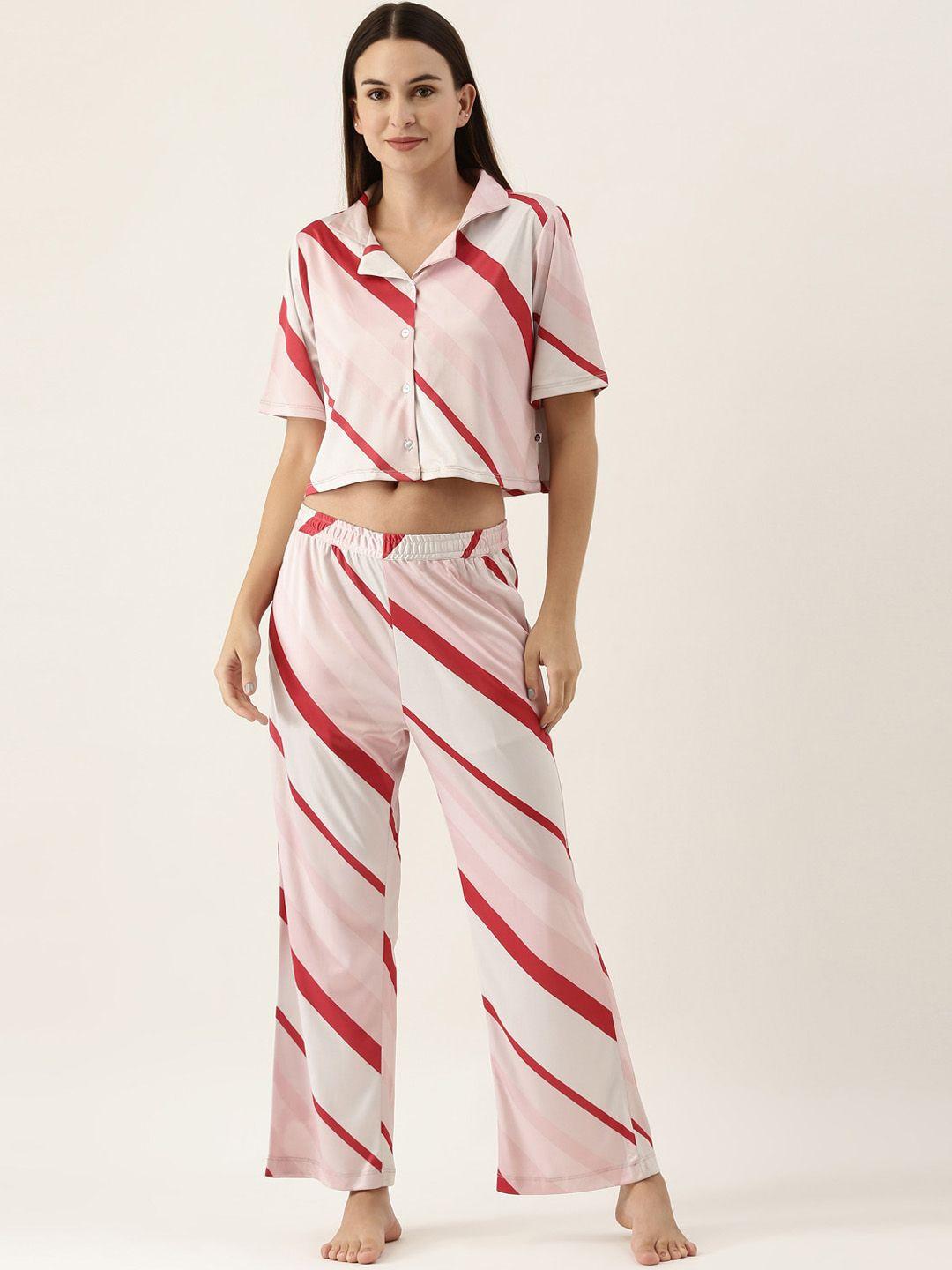 bannos swagger women white & maroon striped night suit