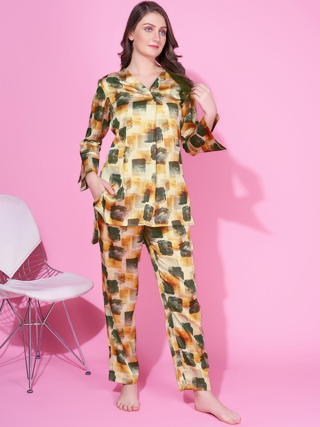 bannos swagger yellow & green abstract printed mid rise nightsuit