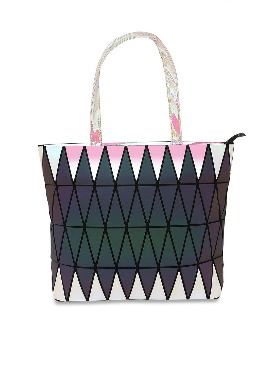 baomi black & silver-toned geometric reflective pu structured handheld bag