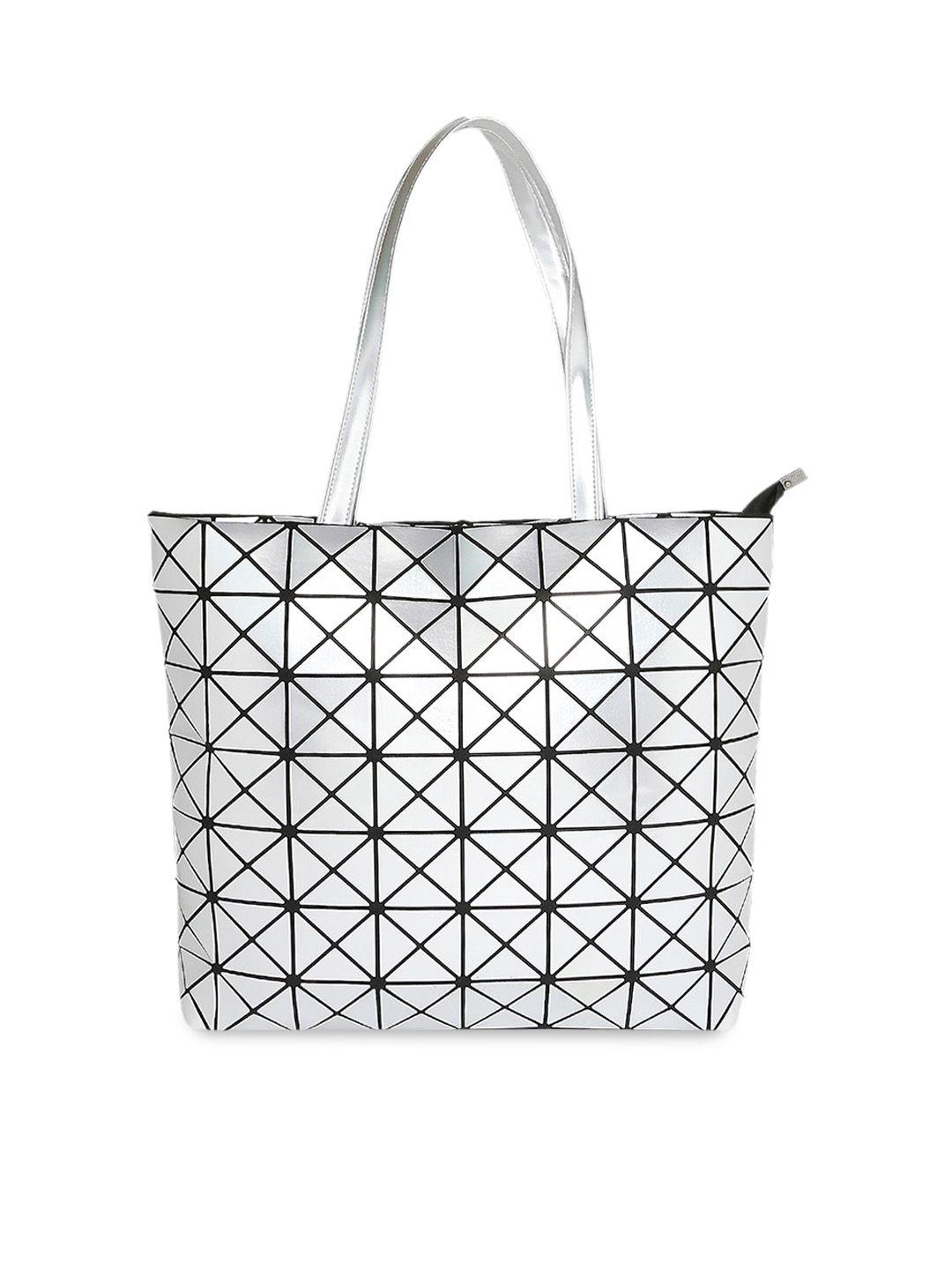 baomi grey geometric printed pu oversized shopper tote bag with quilted