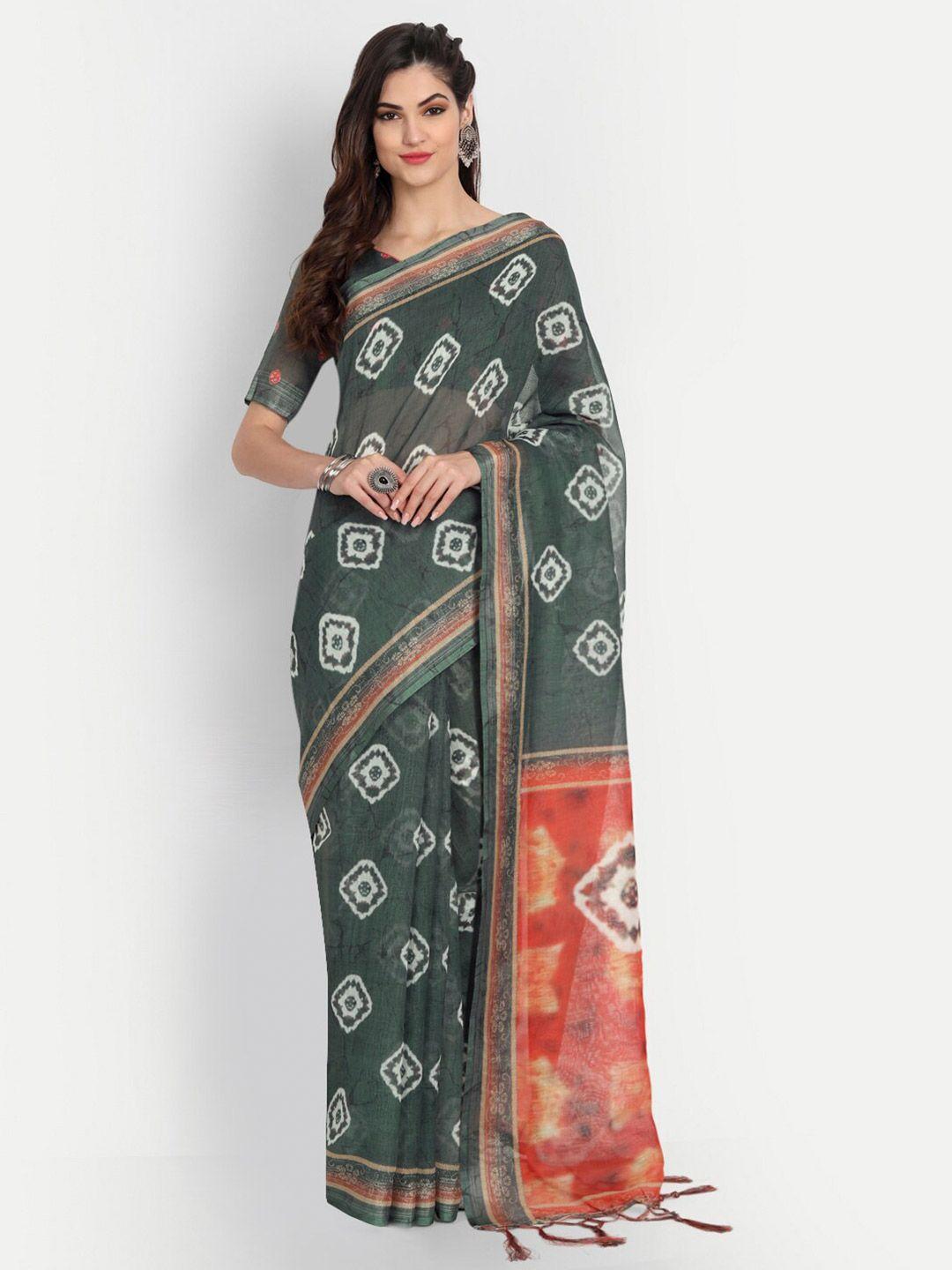 baps bandhani printed zari pure linen saree