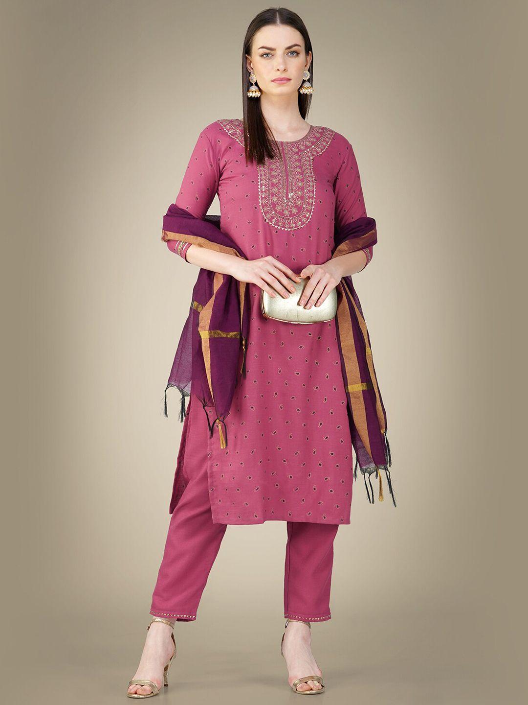 baps floral embroidered regular pure cotton straight kurta with trouser & dupatta