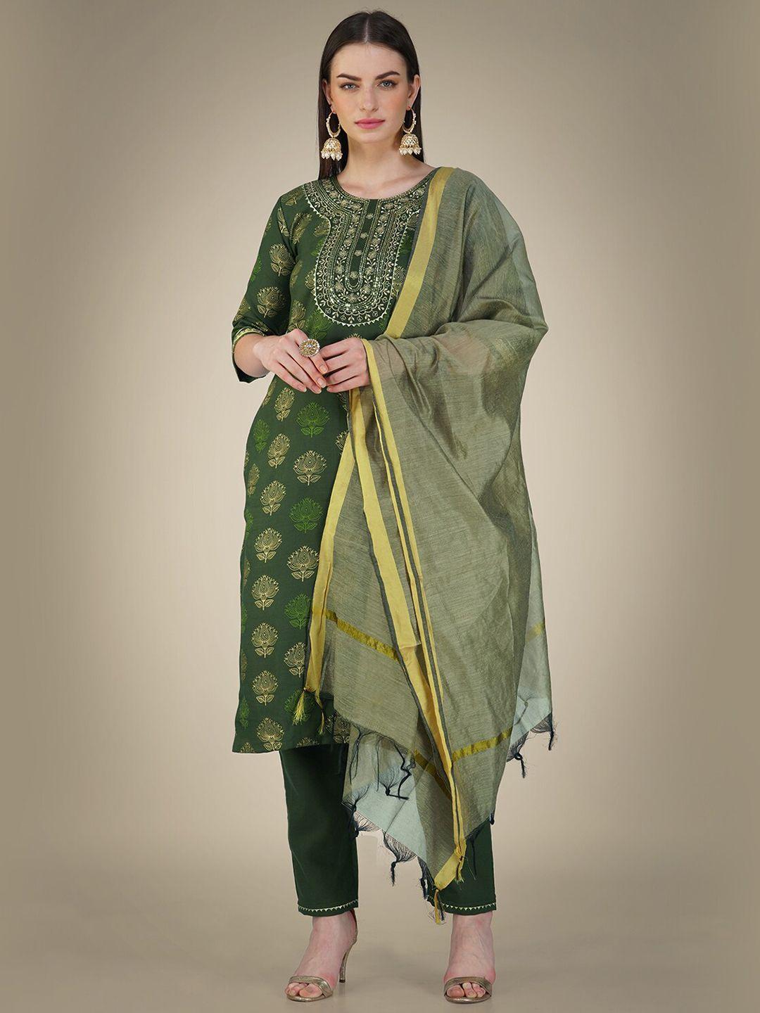 baps floral embroidered regular pure cotton straight kurta with trouser & dupatta