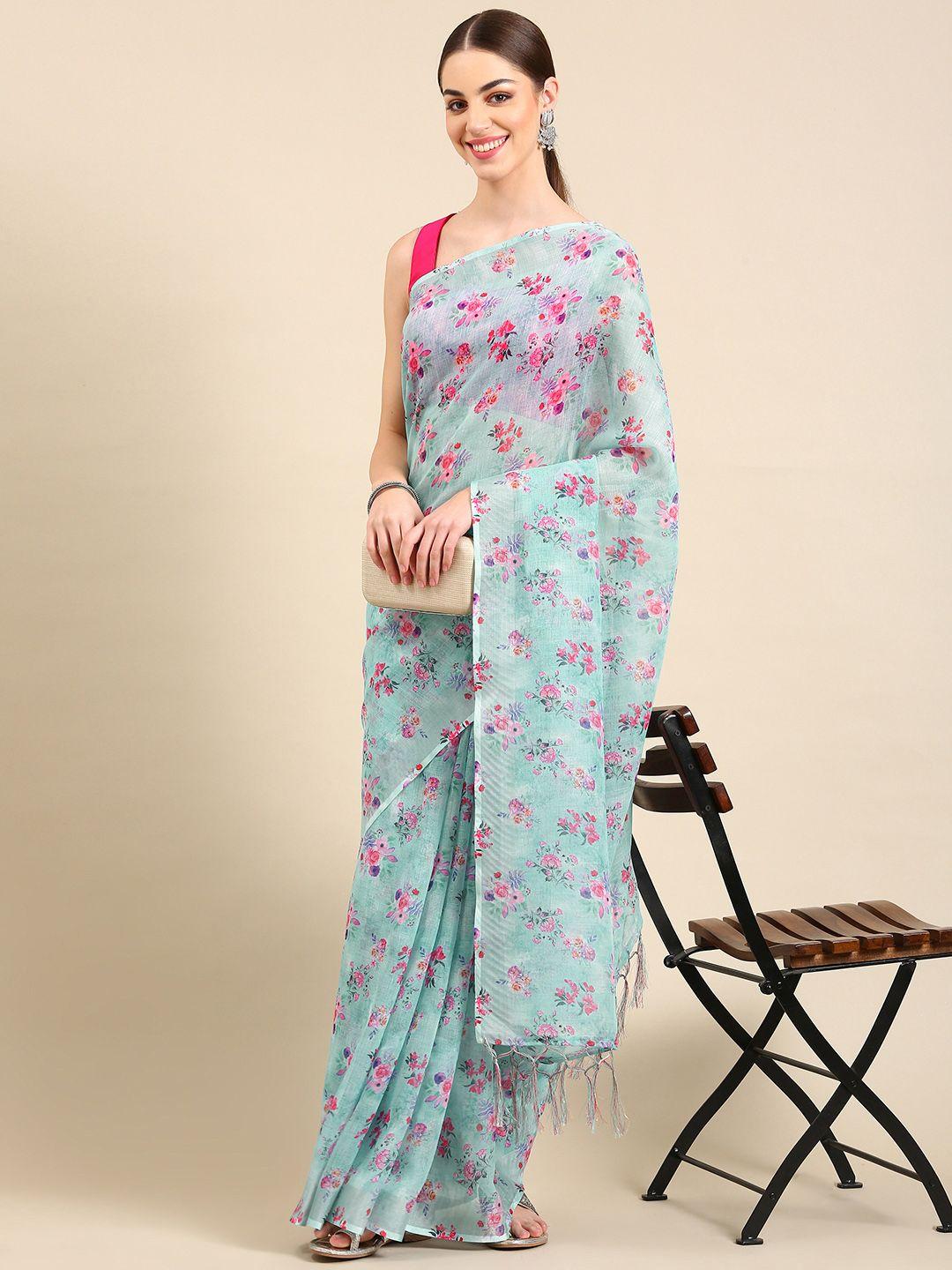 baps floral printed zari pure linen saree