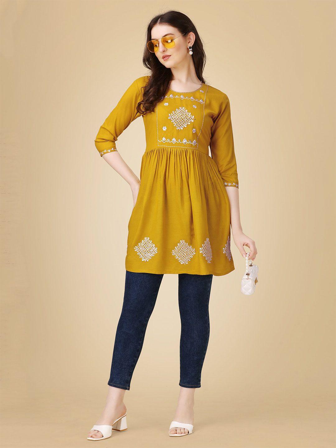 baps mustard ethnic motifs sequinned embroidered a-line kurti