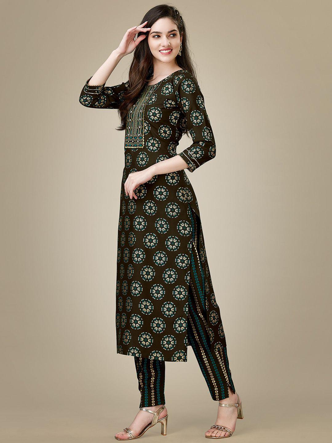 baps women black embroidered regular sequinned kurti with pyjamas