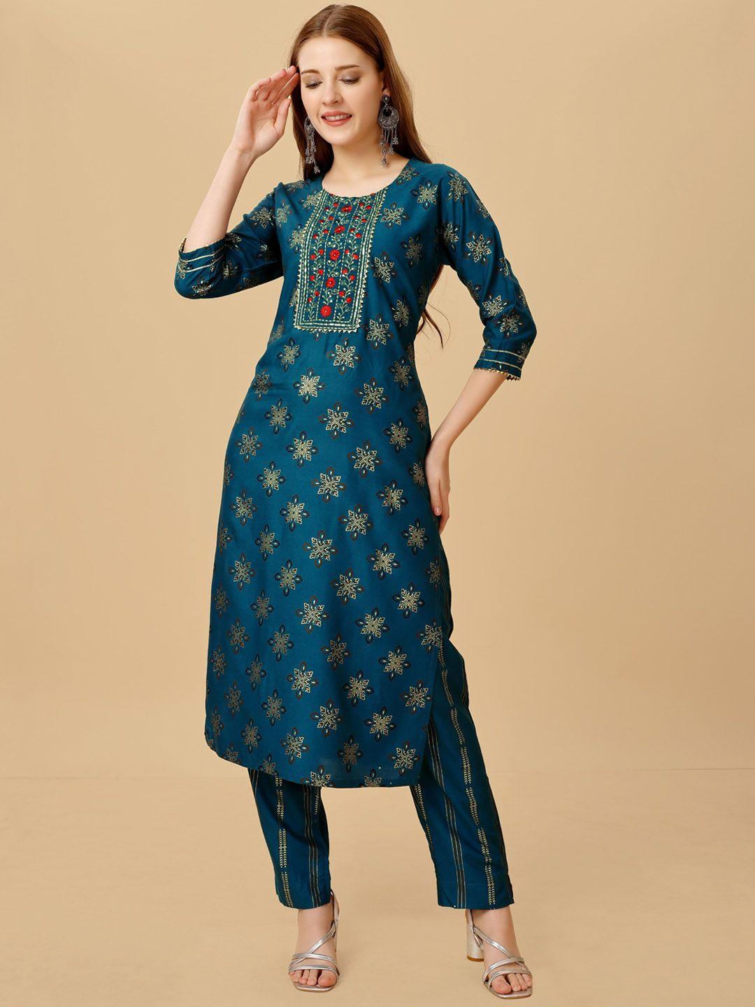 baps women navy blue ethnic motifs printed regular kurta with pyjamas