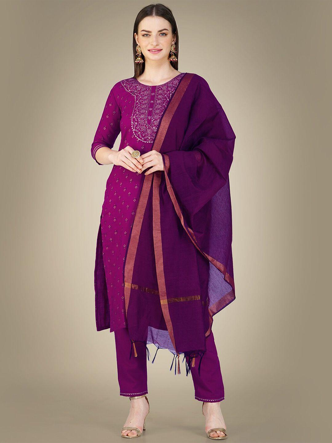 baps women purple ethnic motifs embroidered regular pure cotton kurta with trousers & with dupatta