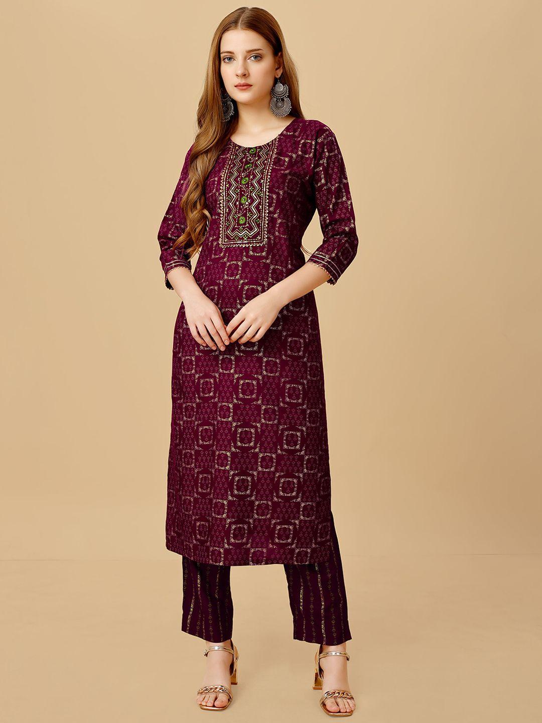 baps women purple ethnic motifs printed regular kurta with trousers