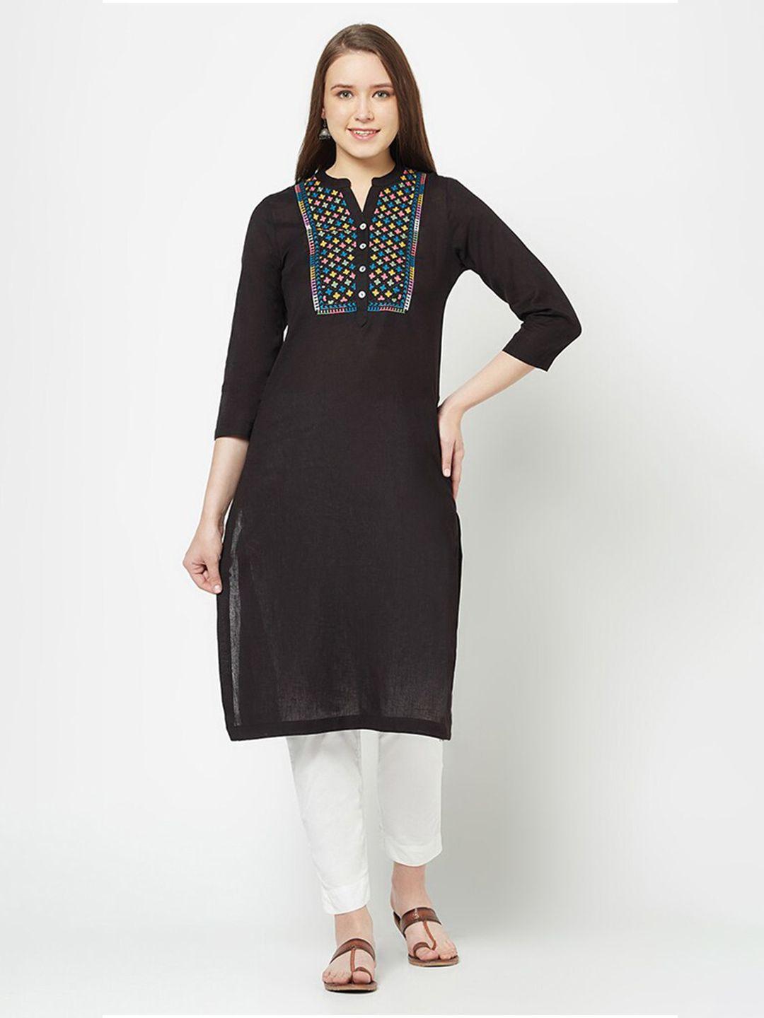 barara ethnic geometric yoke design thread work mandarin collar pure cotton regular kurta