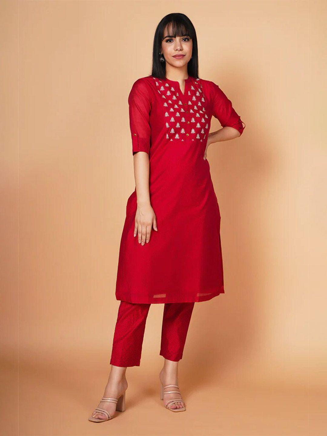 barara ethnic ethnic embroidered mandarin collar roll-up sleeves kurta with trousers