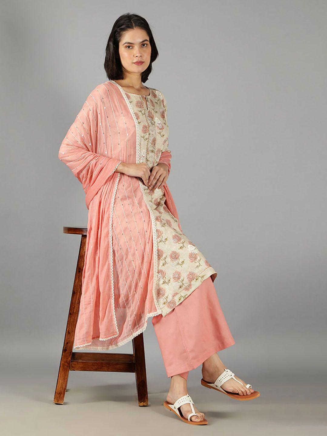 barara ethnic floral embroidered pure cotton kurta with palazzos & dupatta