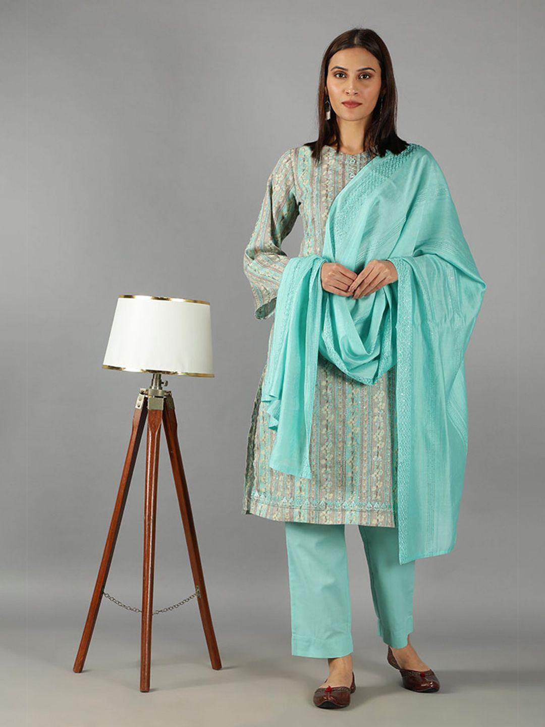 barara ethnic floral printed thread work pure cotton kurta with harem pants & dupatta