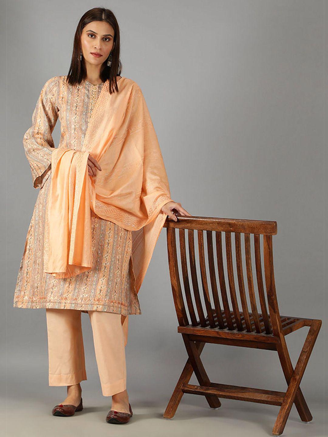 barara ethnic floral printed thread work pure cotton kurta with trousers & with dupatta