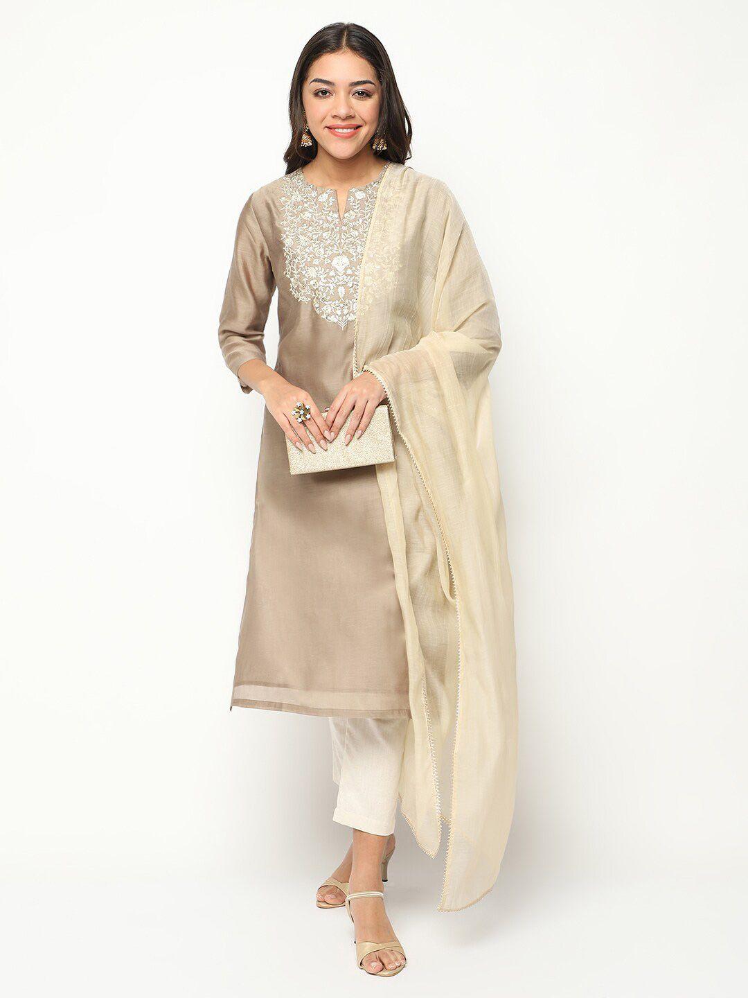 barara ethnic floral yoke design thread work kurta with trousers & dupatta