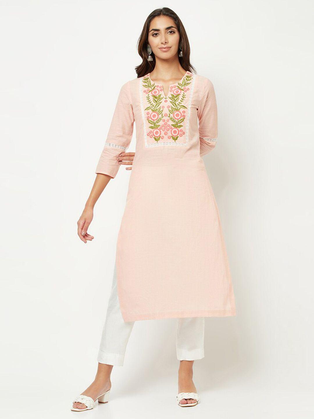 barara ethnic notched neck floral embroidered cotton kurta