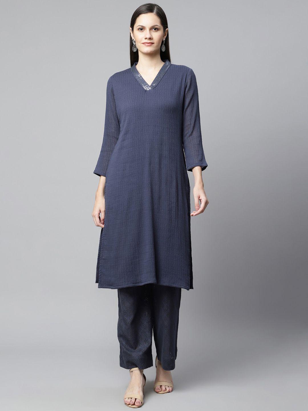 barara ethnic women blue pleated pure cotton kurta with trousers