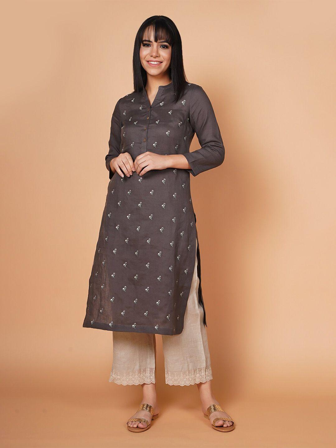 barara ethnic women floral embroidered linen kurta