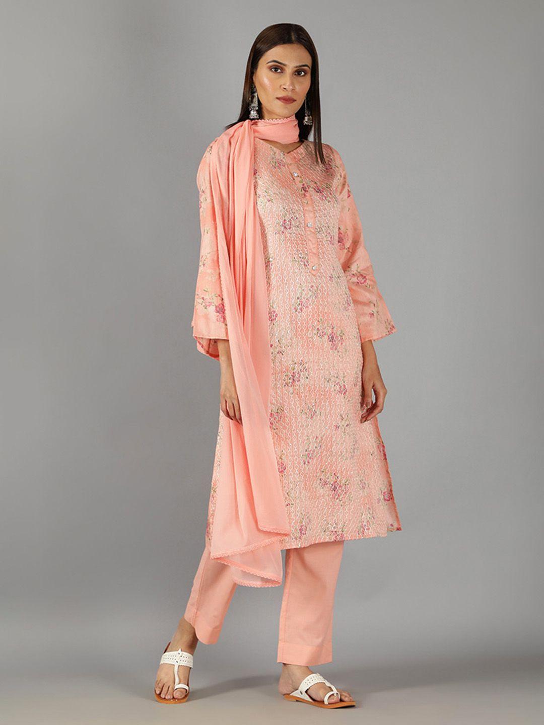 barara ethnic women floral printed thread work pure cotton kurta with trousers & dupatta