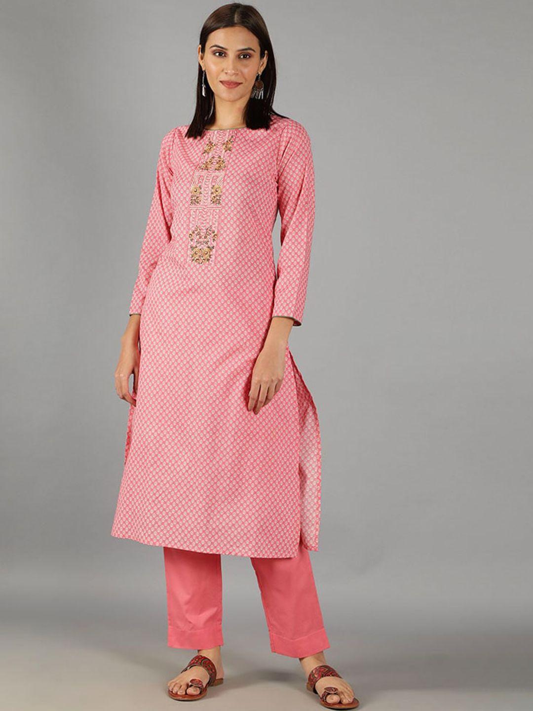 barara ethnic women floral printed thread work pure cotton kurta with trousers & dupatta