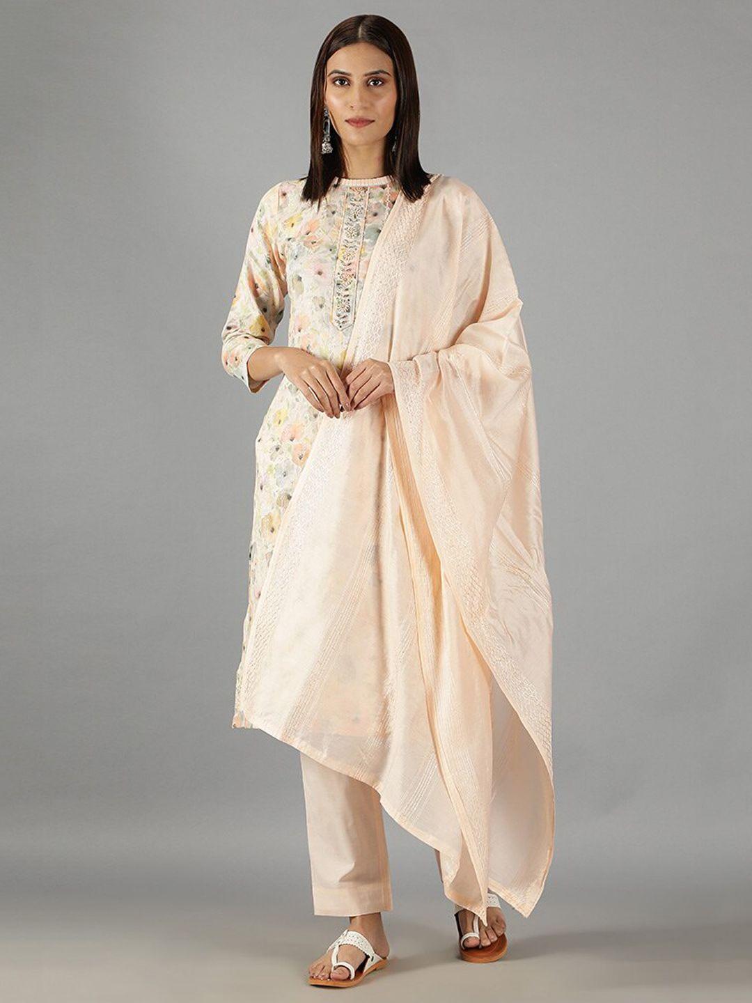 barara ethnic women floral printed thread work pure cotton kurta with trousers & dupatta