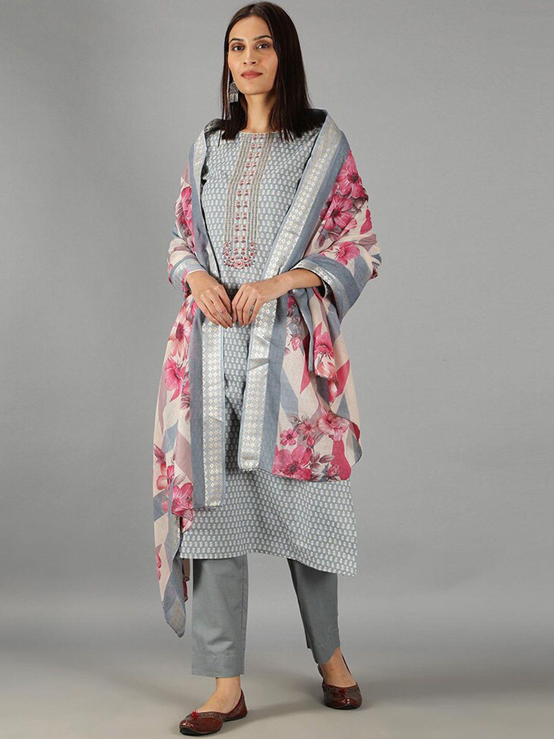 barara ethnic women floral printed thread work pure cotton kurta with trousers & dupatta