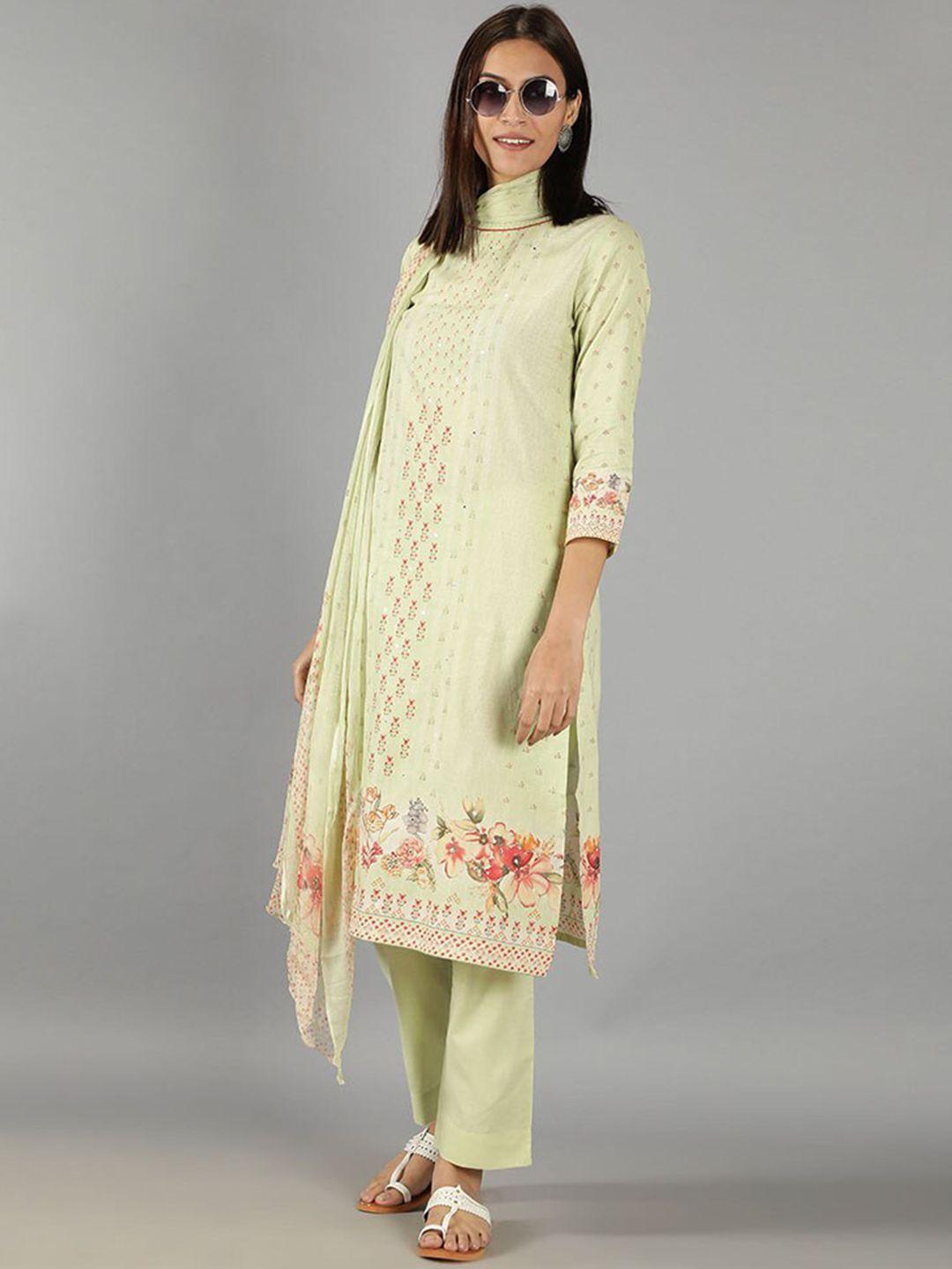 barara ethnic women green floral embroidered mirror work pure cotton kurta with trousers & with dupatta