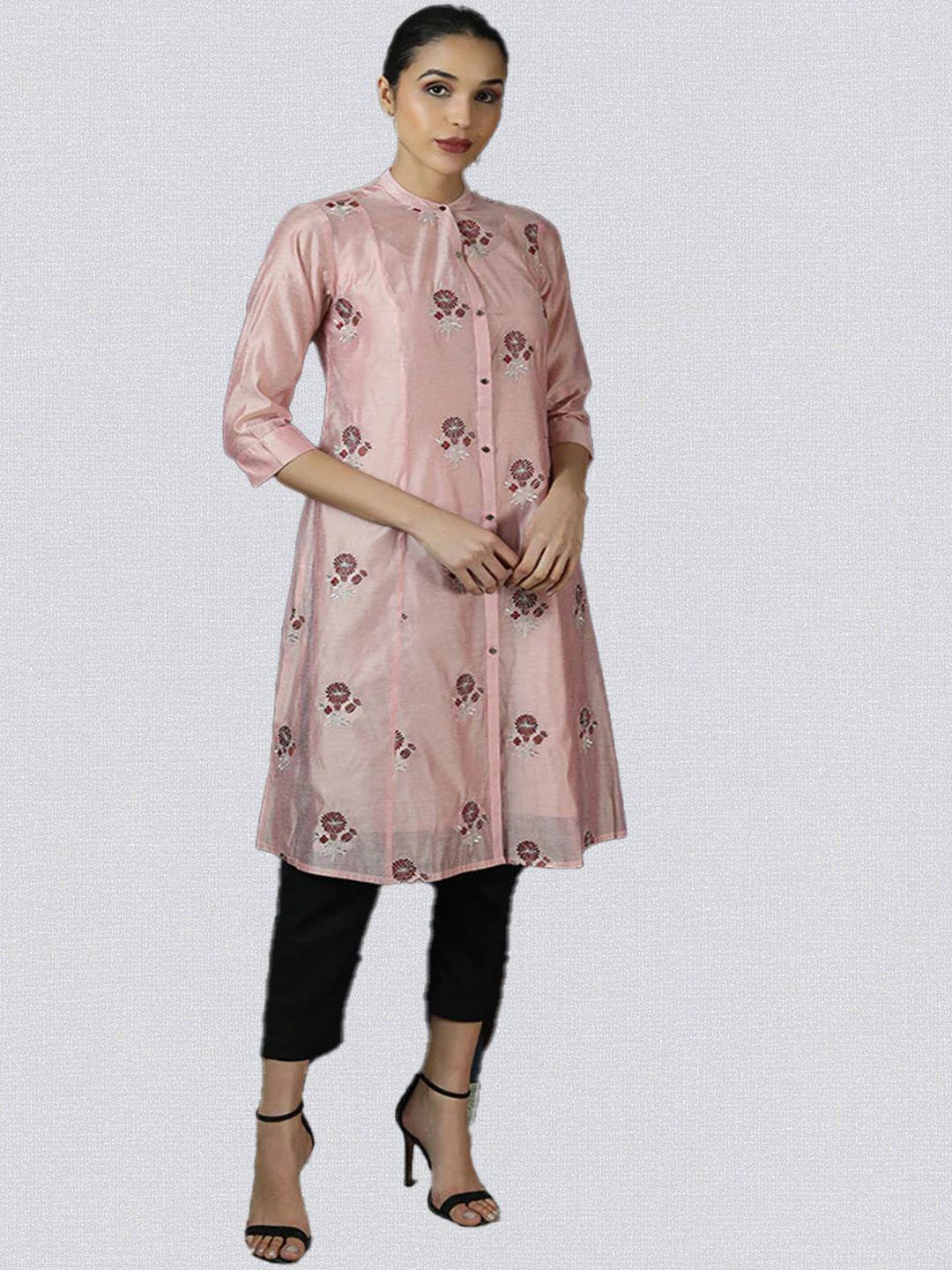 barara ethnic women pink floral embroidered panelled kurta with trousers