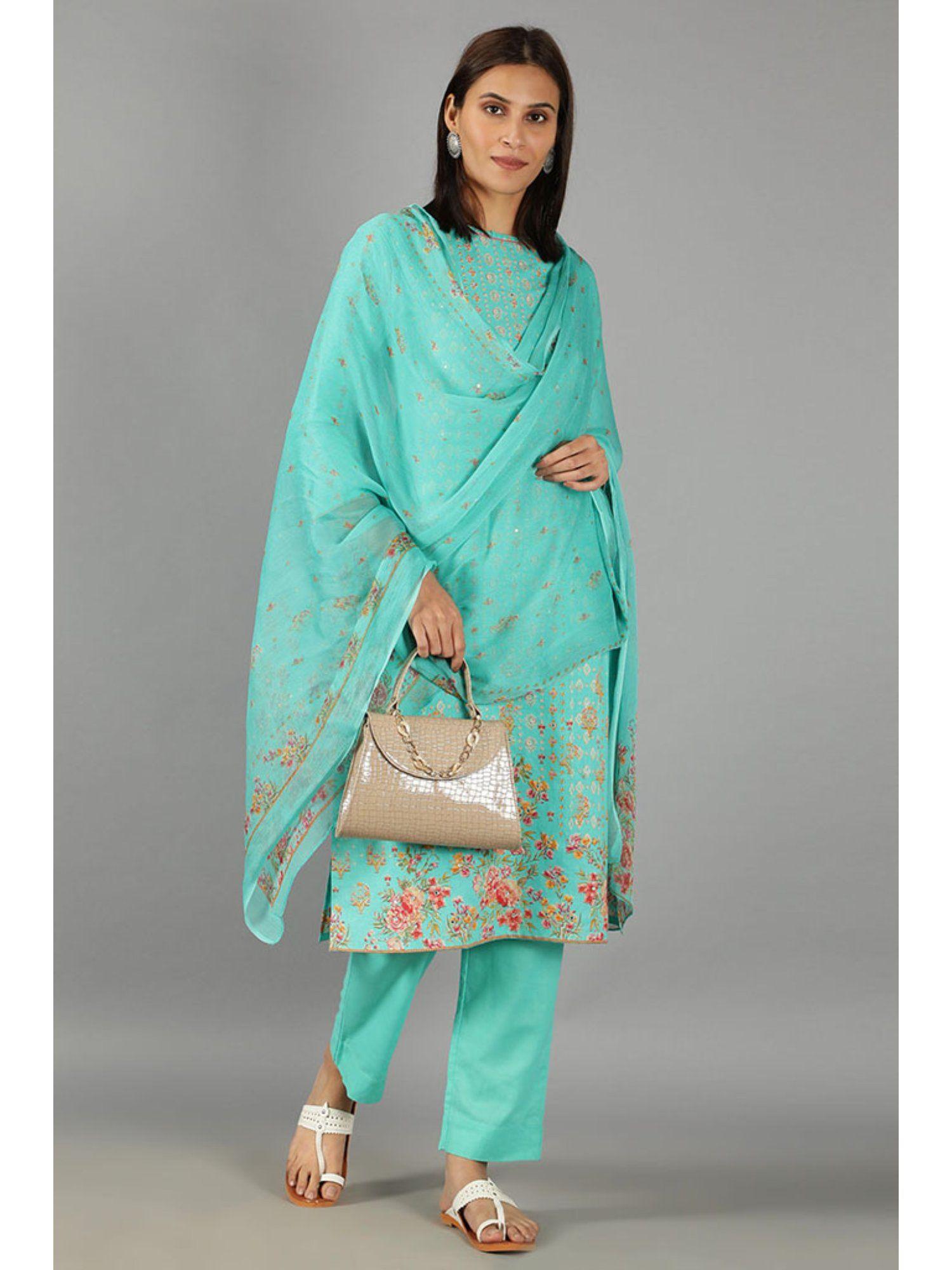 barara ethnics blue straight fit printed kurta set with dupatta