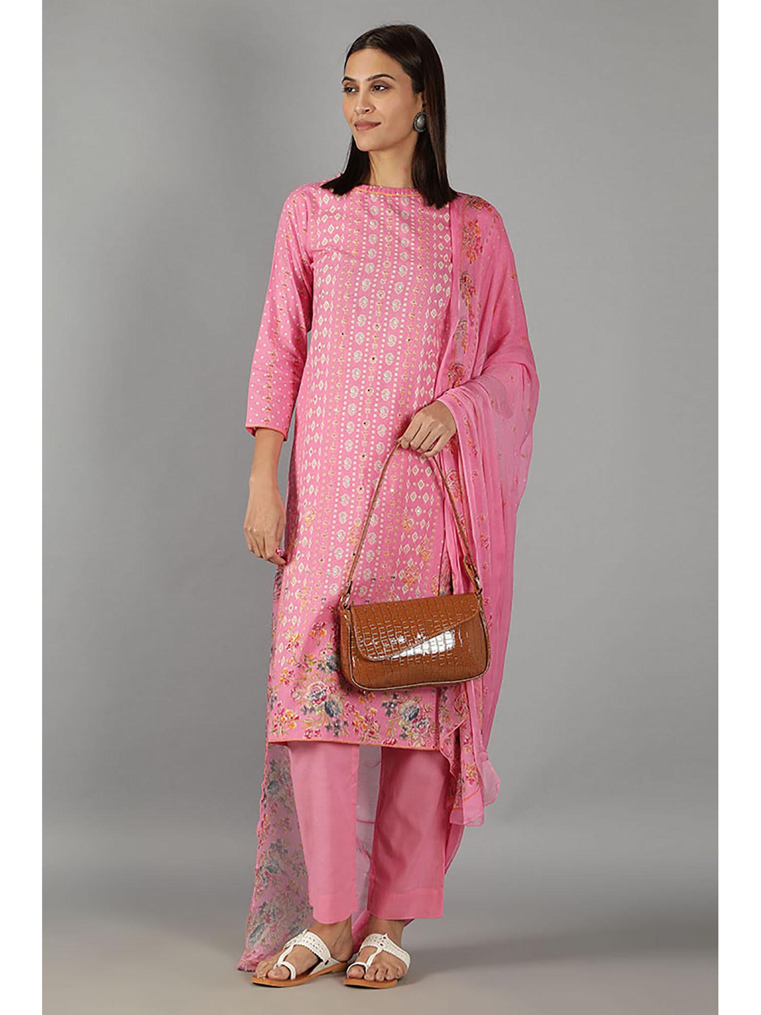 barara ethnics deep pink straight fit printed kurta with dupatta (set of 3)