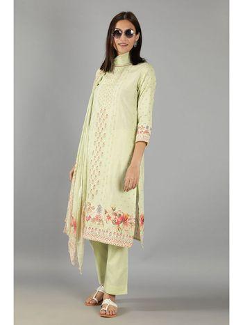 barara ethnics green straight fit printed kurta set with dupatta