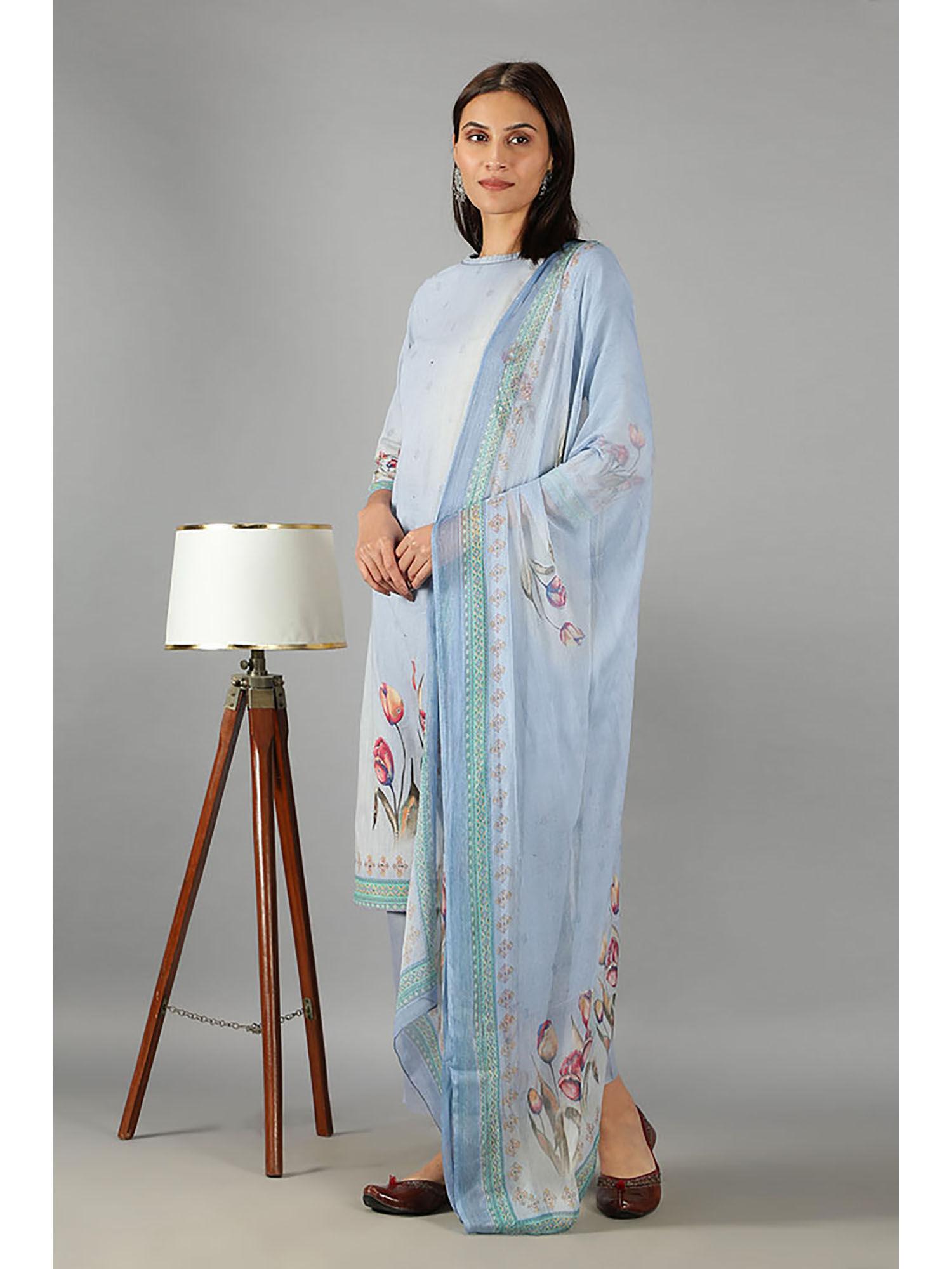 barara ethnics light blue straight fit printed kurta with dupatta (set of 3)