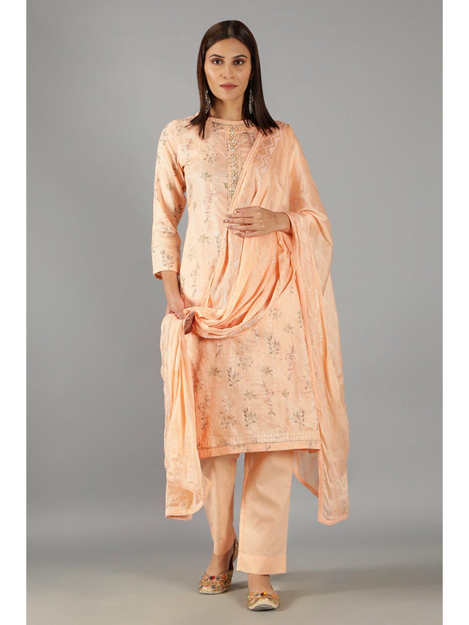 barara ethnics light orange floral printed embroidery kurta