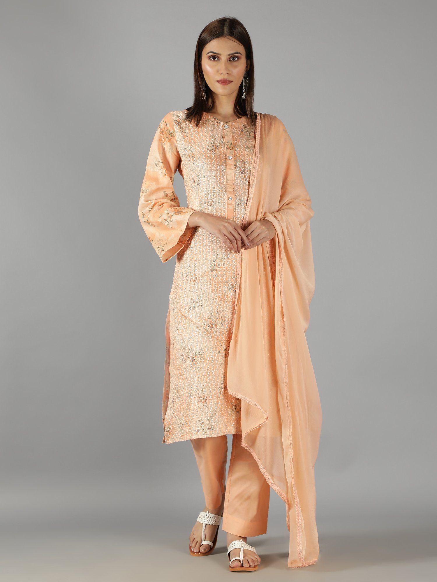 barara ethnics light orange printed straight kurta set