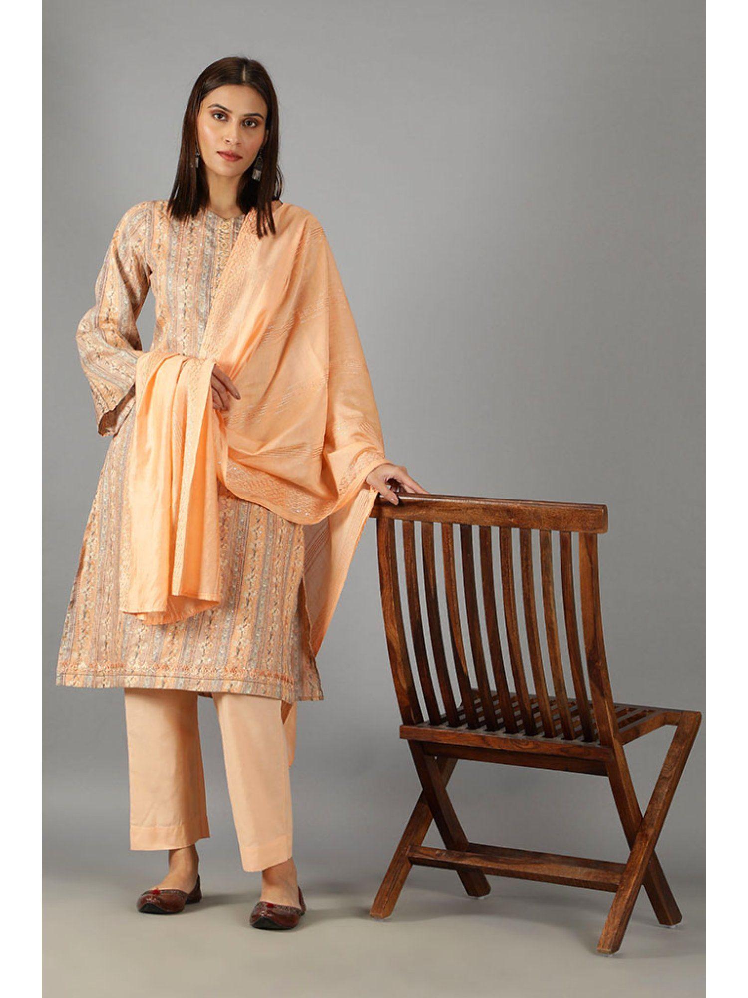 barara ethnics light orange straight cotton kurta set with dupatta
