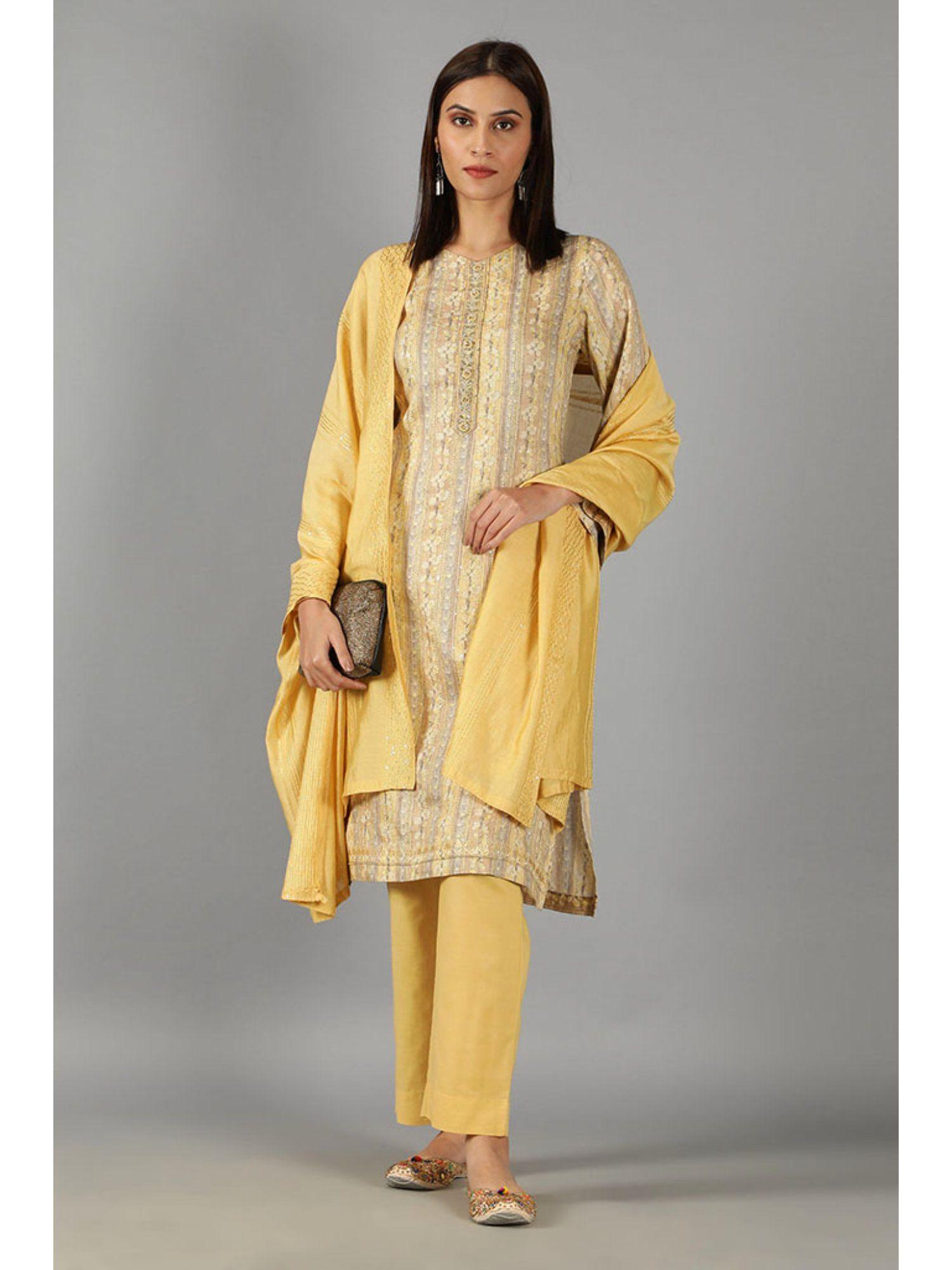 barara ethnics light yellow straight cotton kurta set with dupatta