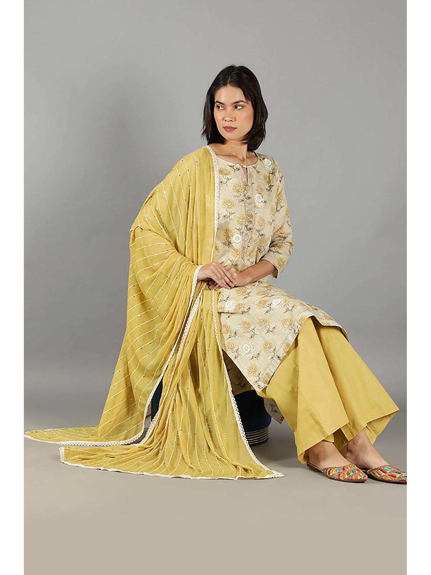 barara ethnics off white and mustard floral straight palazzo (set of 3)