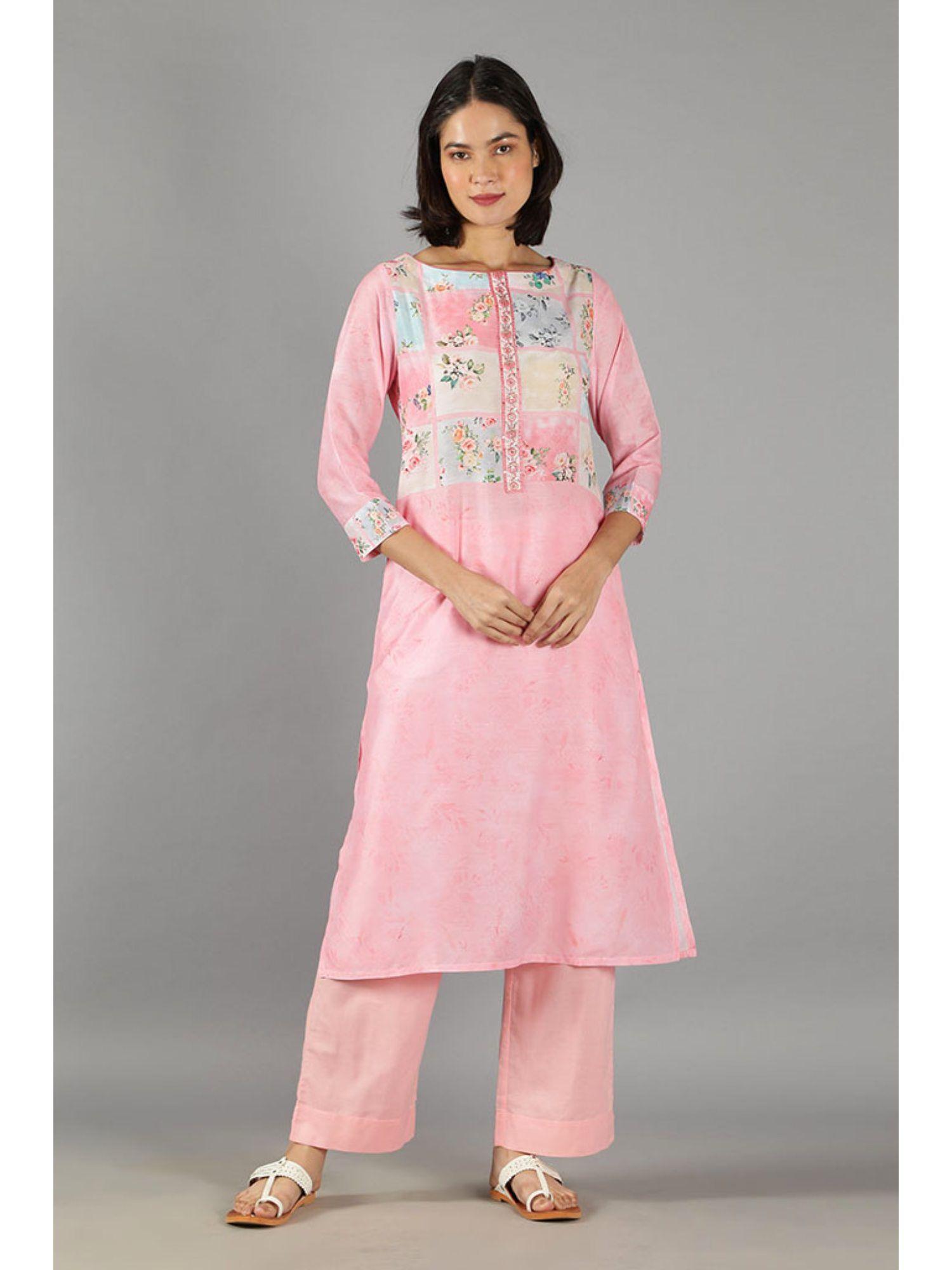 barara ethnics pink straight kurta with embroidered cutwork dupatta (set of 3)