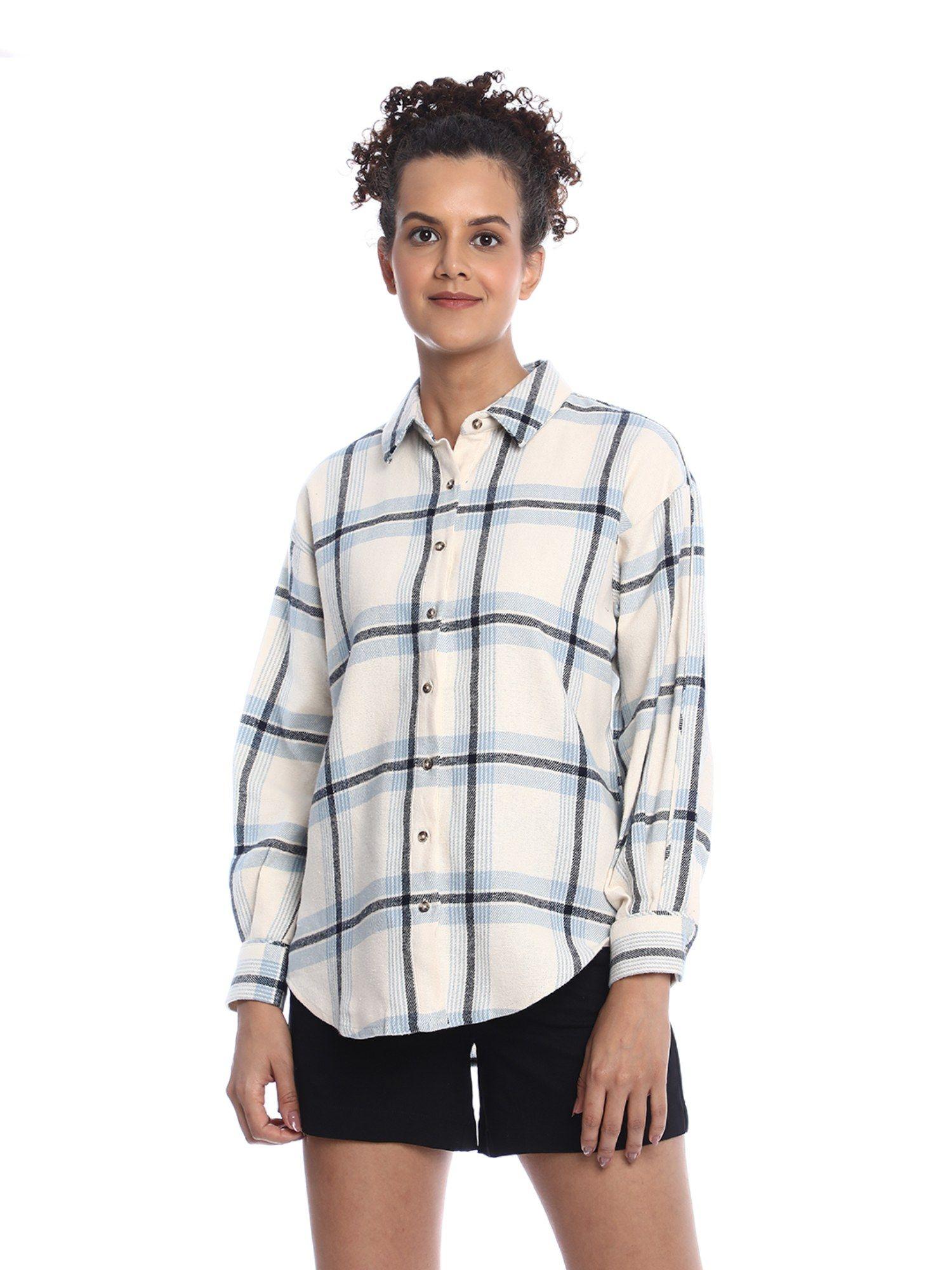 barbara brushed powder blue cotton checks drop shoulder shirt for women