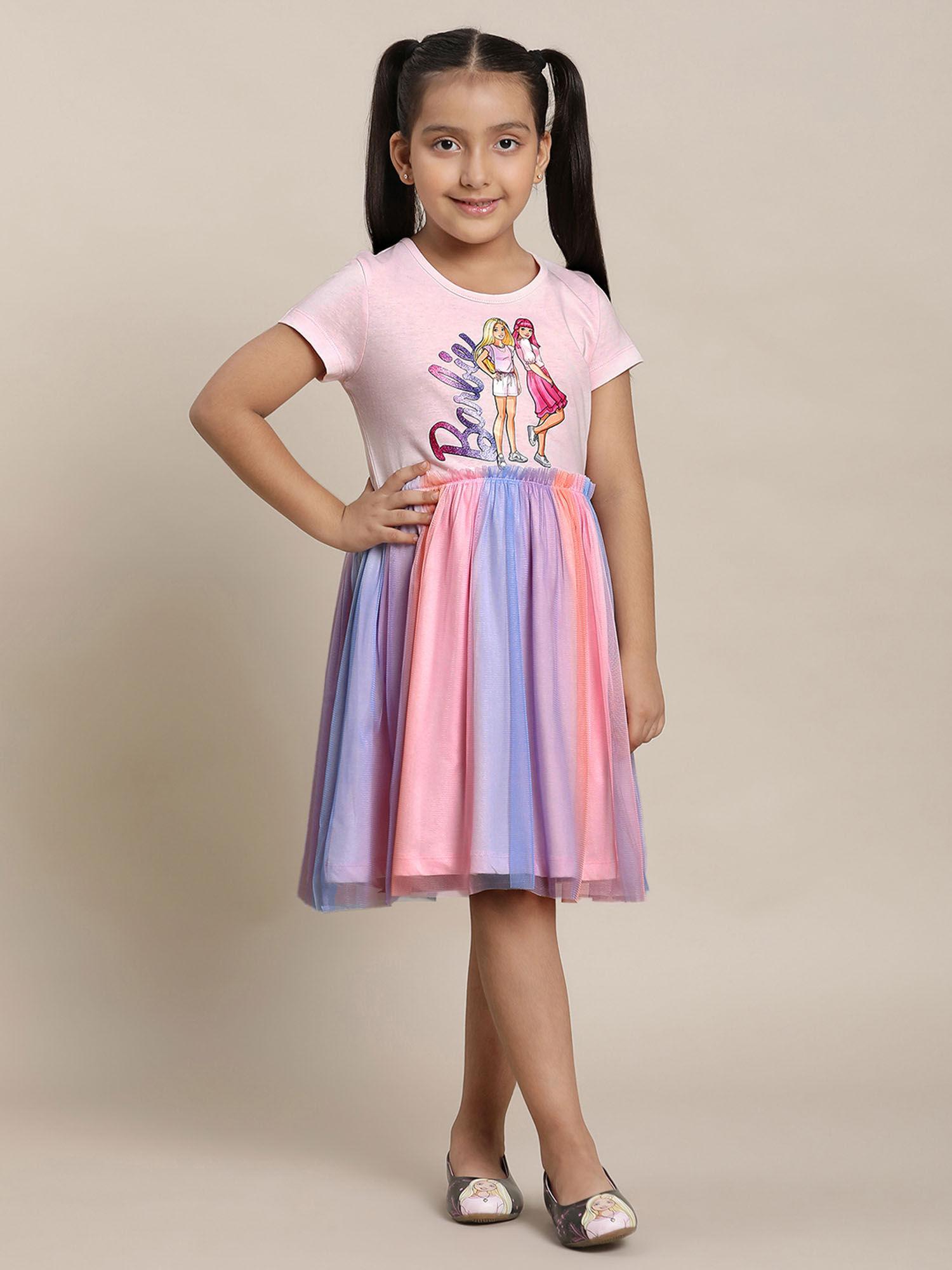 barbie printed pink dress for girls