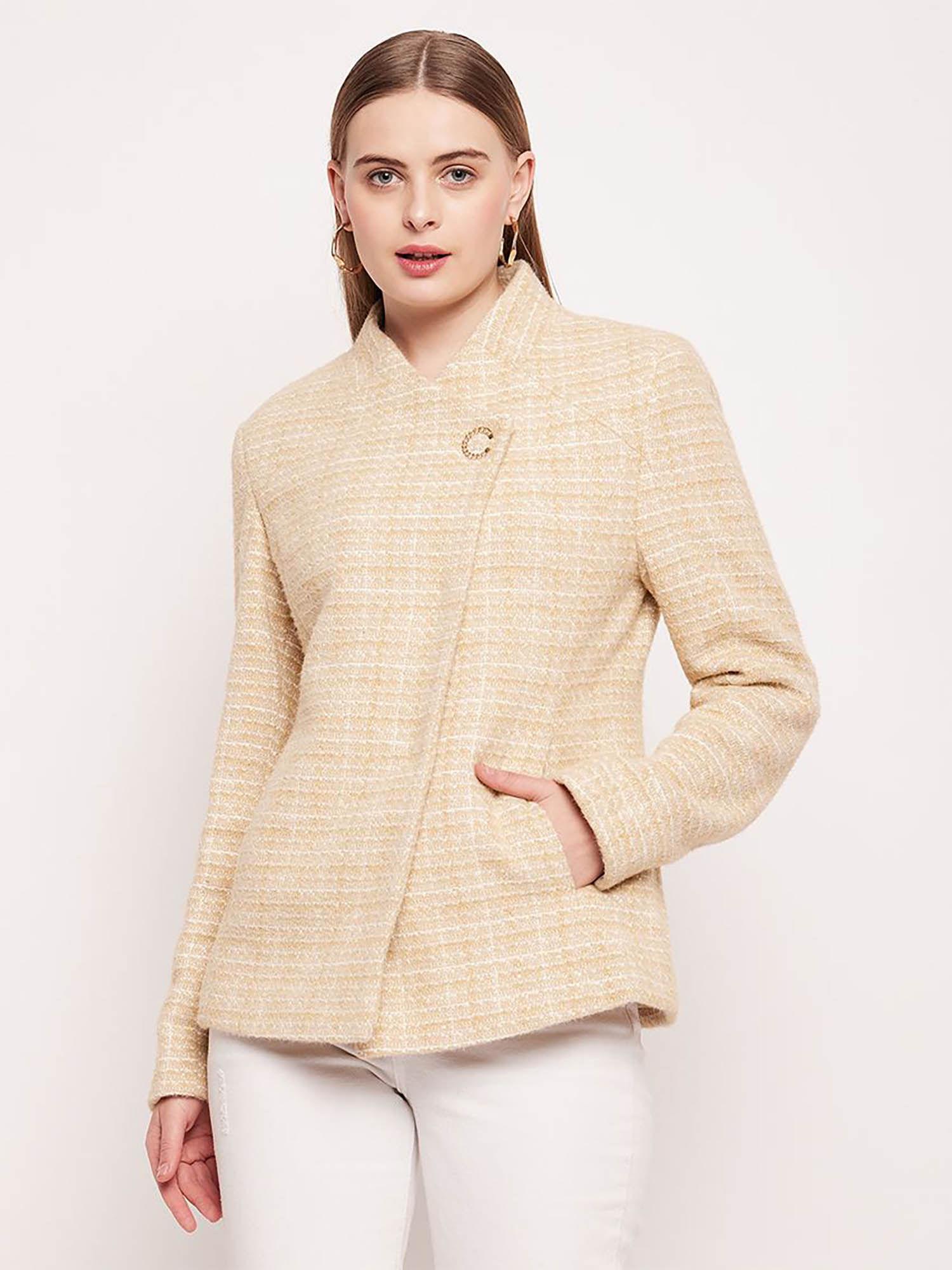 barcelona checks full sleeves v-neck beige coat