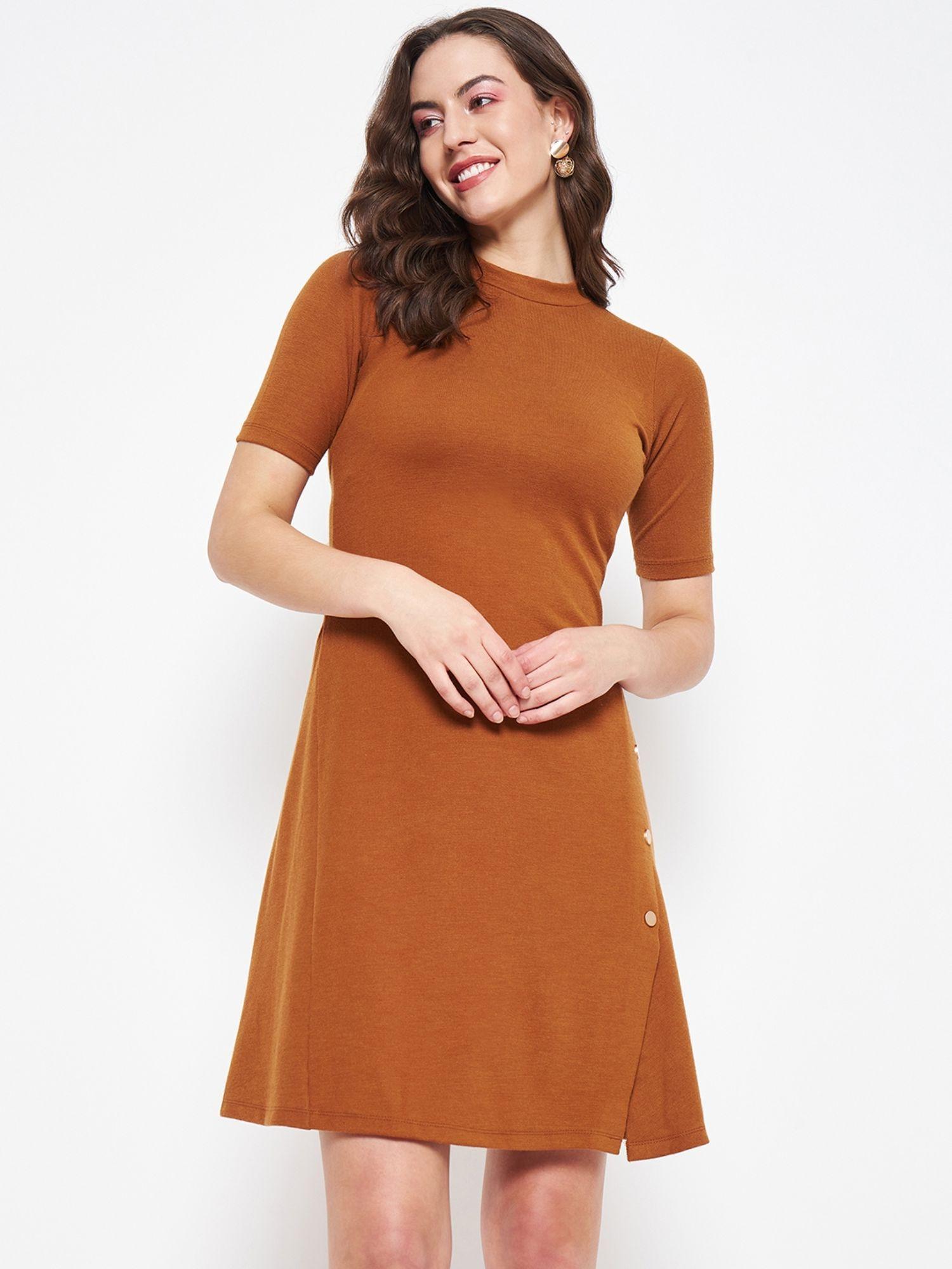 barcelona high neckline caramel mustard a-line mini dress for women