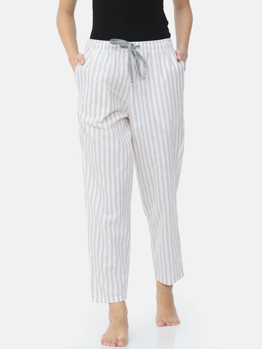 bareblow women beige & white striped pure cotton lounge pants