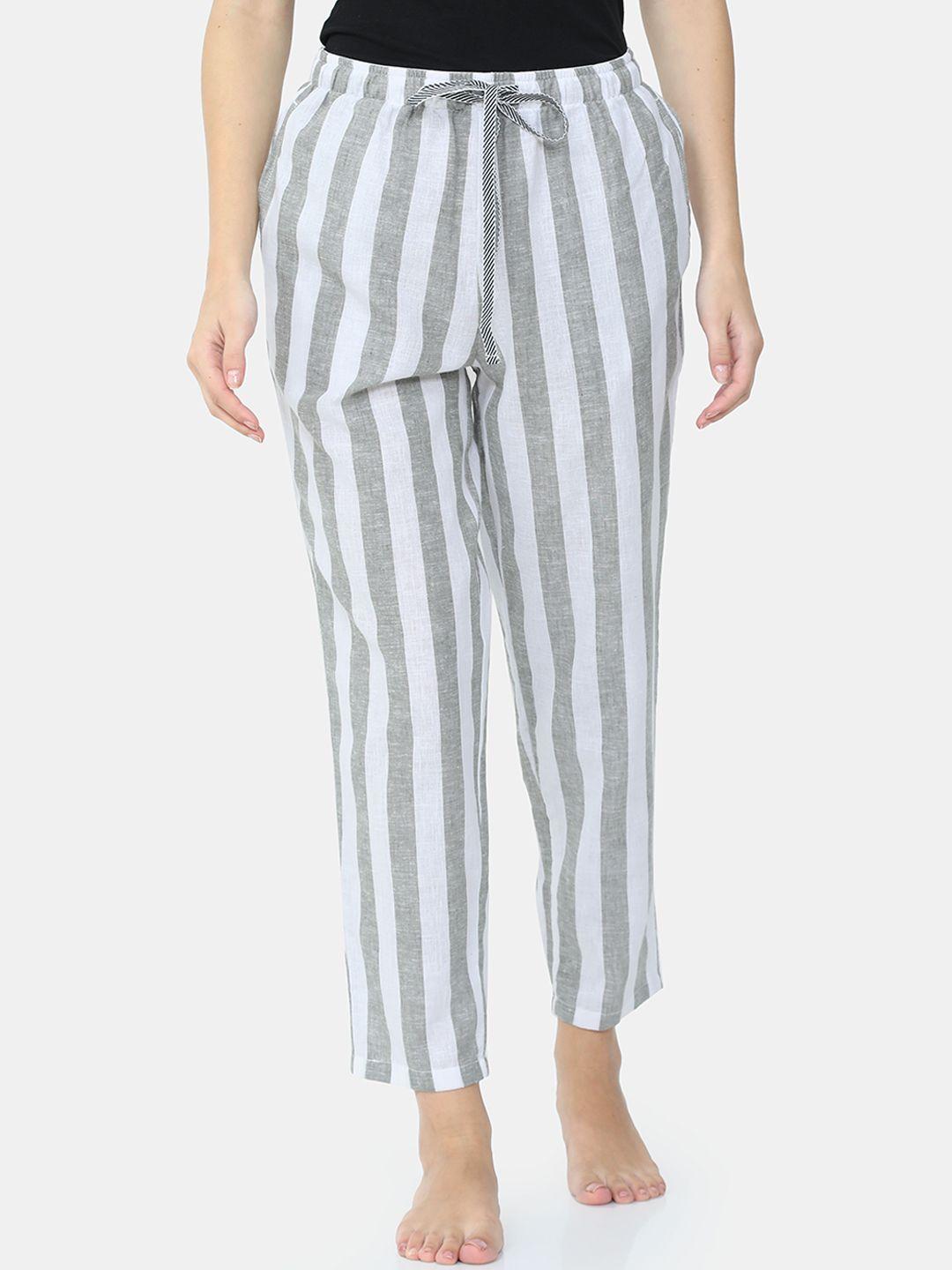 bareblow women white & grey striped pure cotton lounge pants