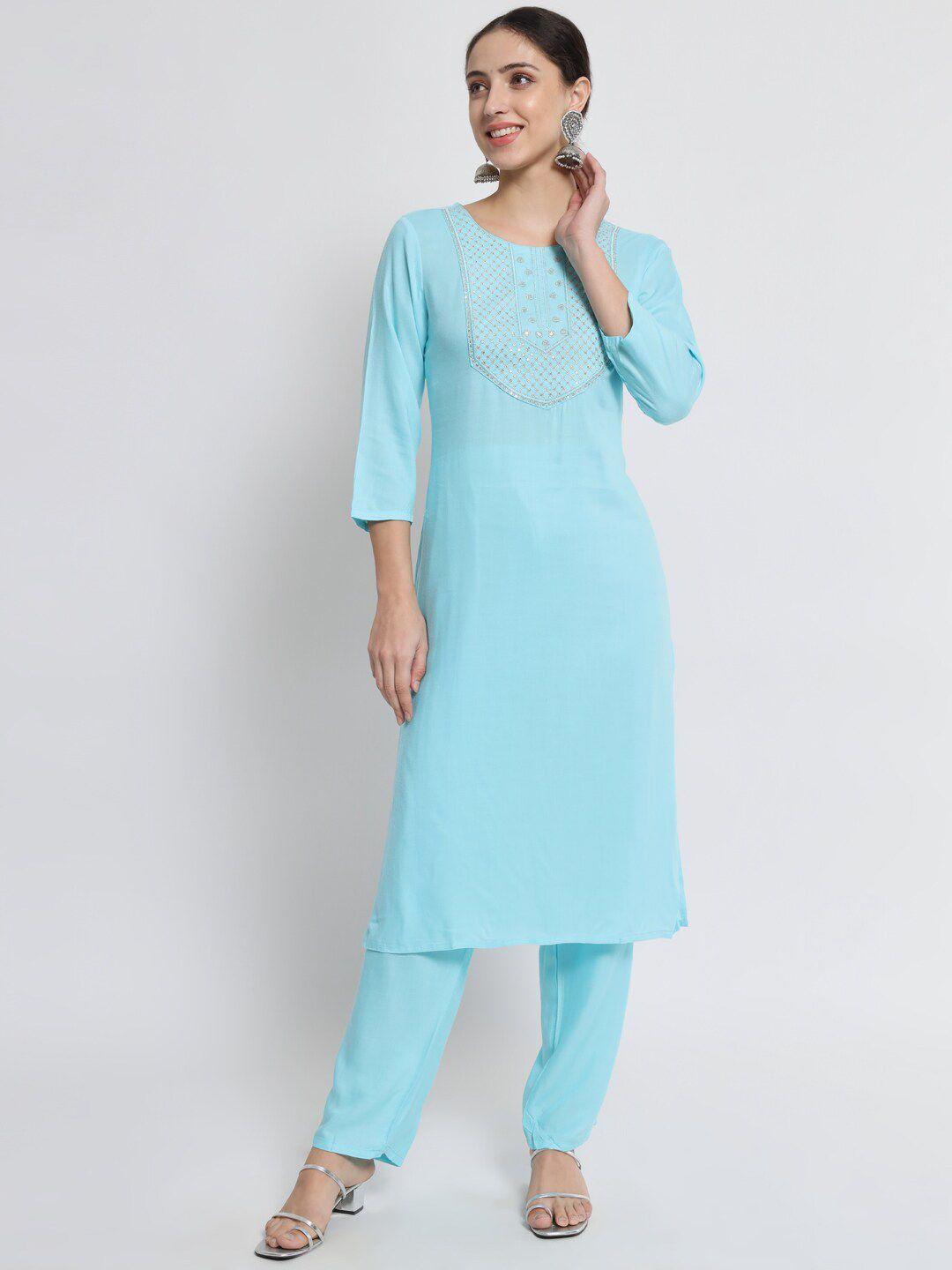 barkha fab women blue embroidered and embellished yoke kurta with trouser