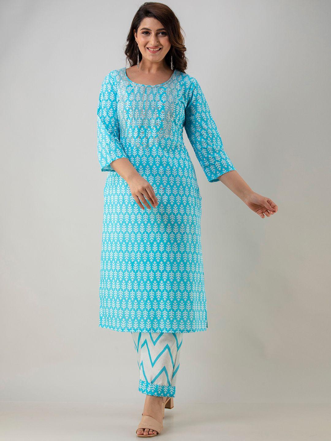 barkha fab women blue ethnic motifs printed sequinned pure cotton kurti with trousers