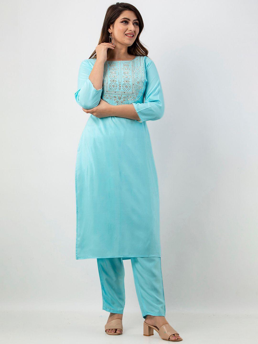 barkha fab women blue ethnic motifs yoke design sequinned kurta with trousers