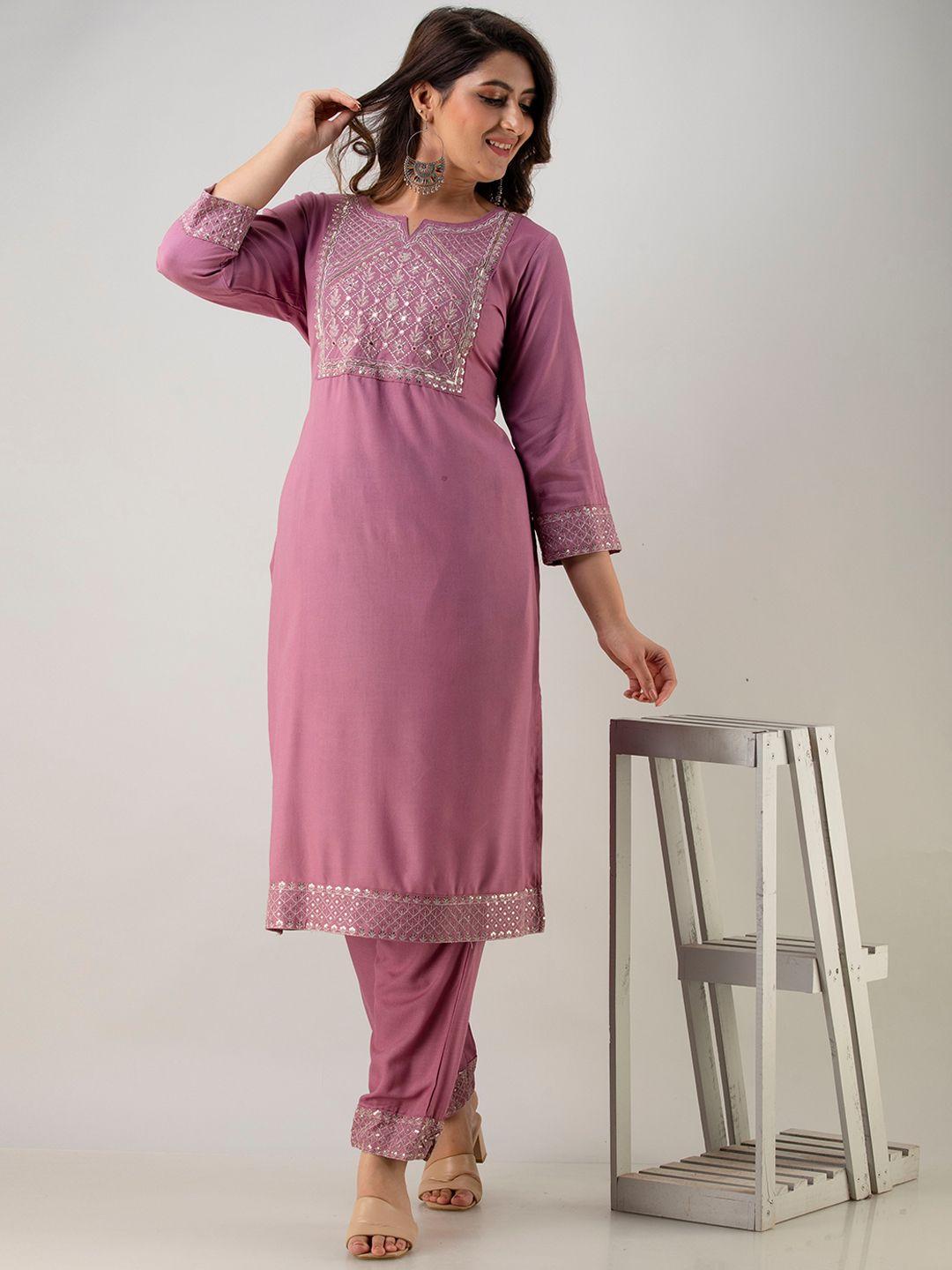 barkha fab women lavender yoke design empire thread work kurti with trousers