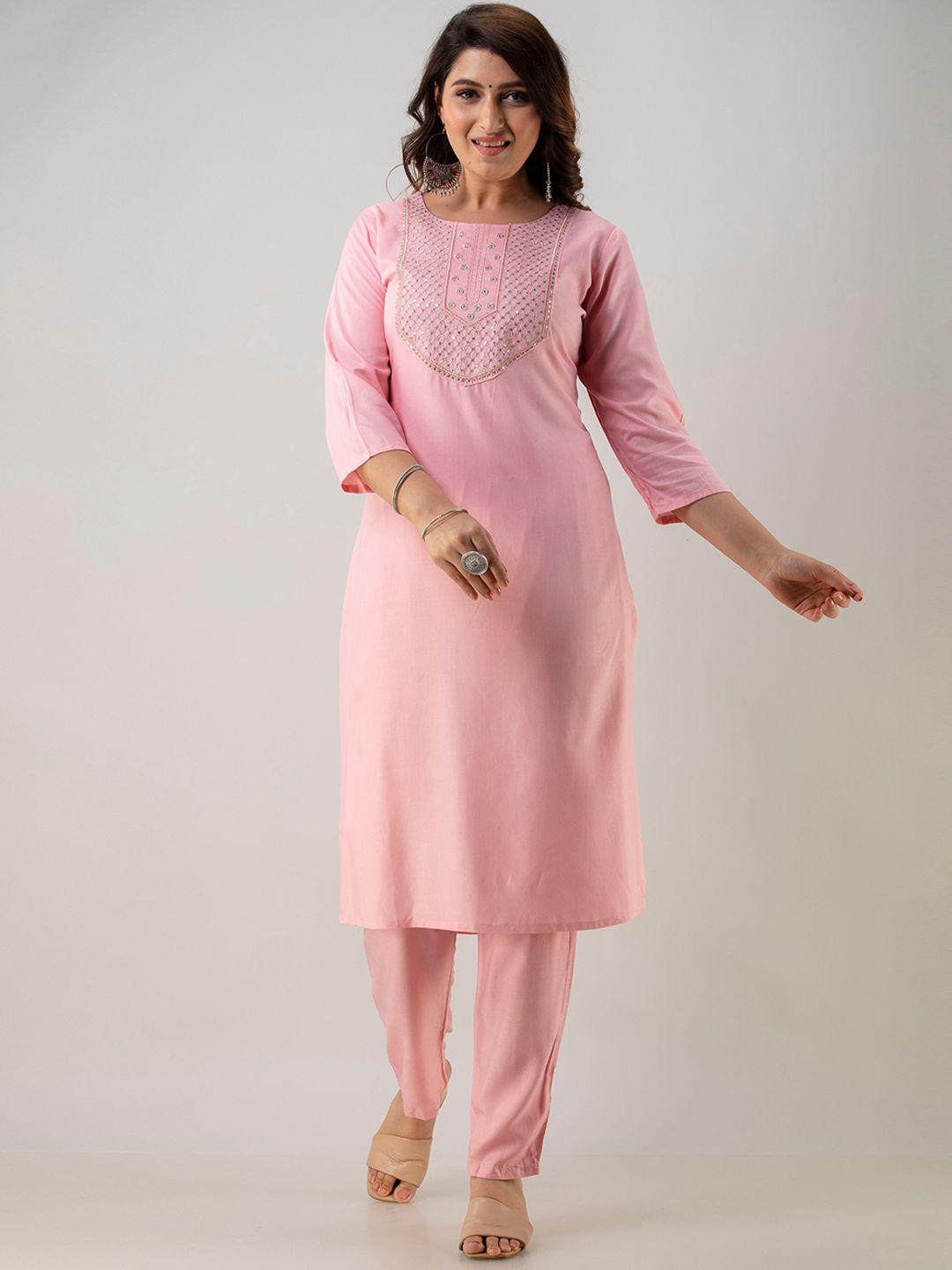 barkha fab women pink embroidered kurta with trousers